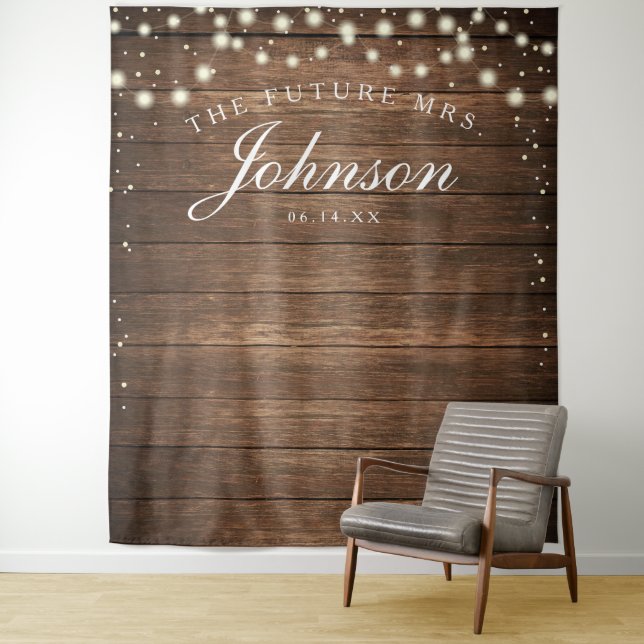 Rustic Wood Backdrop - Future Mrs Photo Backdrop Tapestry (In Situ)