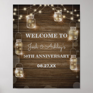 Rustic Wood Background Light Glass Jar Anniversary Poster