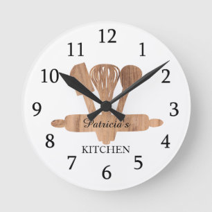 Rustic Wood Baking Utensils Custom Name Kitchen Round Clock