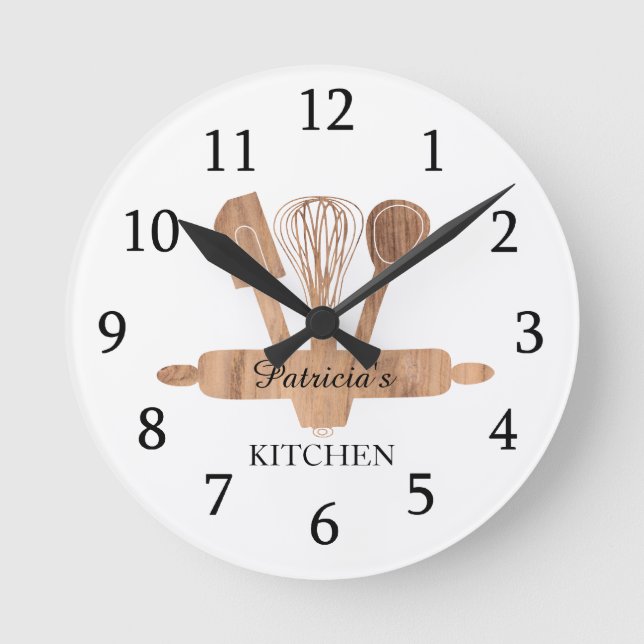Rustic Wood Baking Utensils Custom Name Kitchen Round Clock (Front)