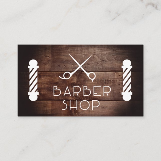Rustic Wood | Barber Shop | Barber Pole and Shears Business Card (Front)