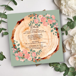 Rustic Wood Bark Rings Watercolor Pink Roses Green Enclosure Card