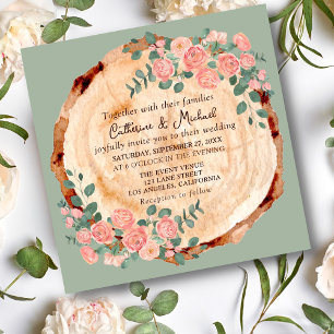 Rustic Wood Bark Rings Watercolor Pink Roses Green Invitation
