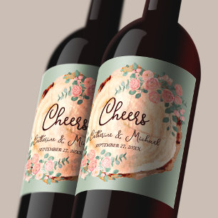 Rustic Wood Bark Rings Watercolor Pink Roses Green Wine Label