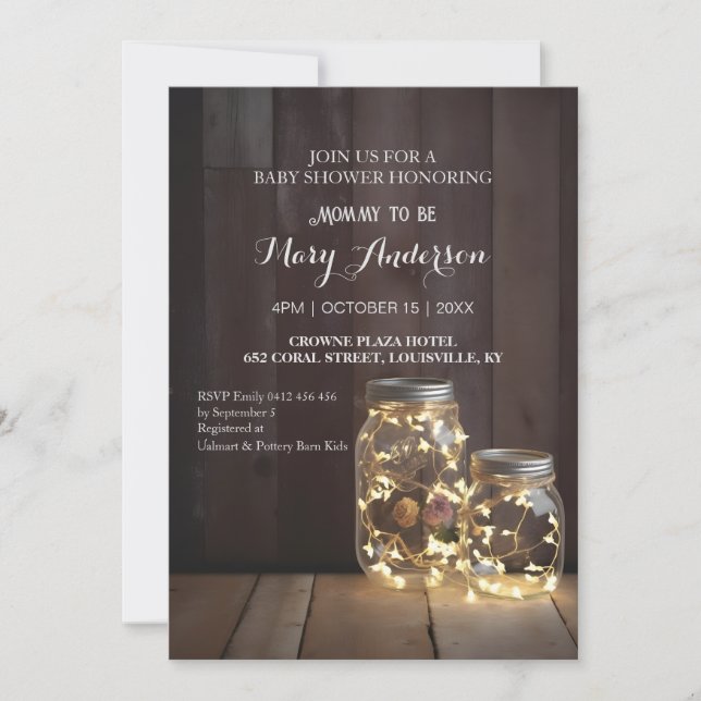 Rustic Wood Barn Baby Shower Mason Jar Lights Invitation (Front)