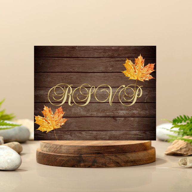 Rustic Wood Barn Gold Orange Leaf Wedding RSVP Postcard (Creator Uploaded)