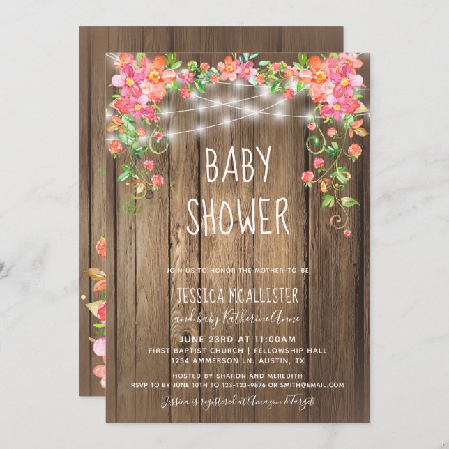 Rustic Wood Barn Lights Floral Garden Baby Shower Invitation (Front/Back)