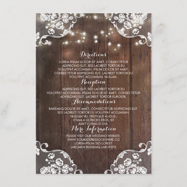 Rustic Wood Barn String Lights Wedding Information Enclosure Card (Front)