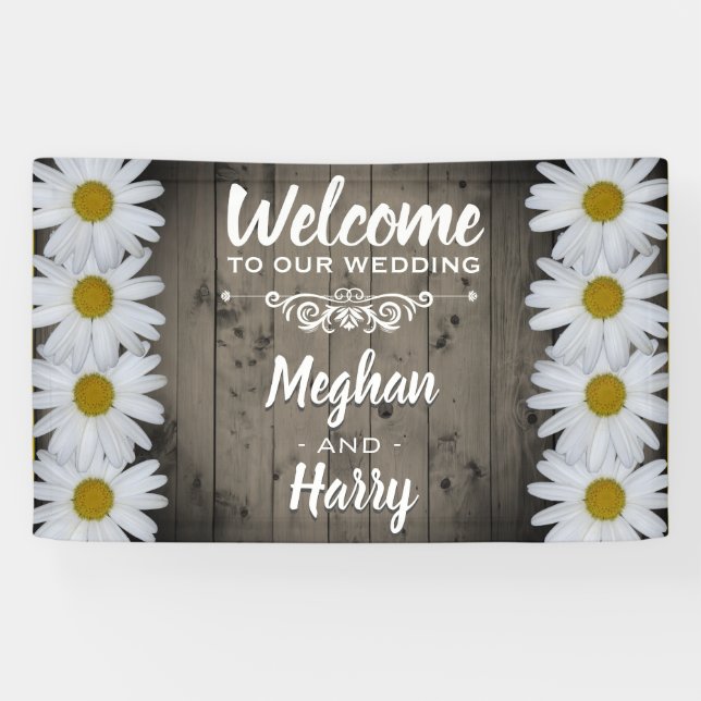 Rustic Wood Barn Wedding Daisy Floral Welcome Banner (Horizontal)