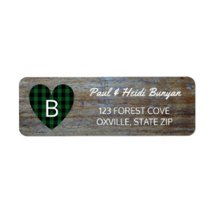 Rustic Wood Barn Wedding Label   Green Plaid Heart