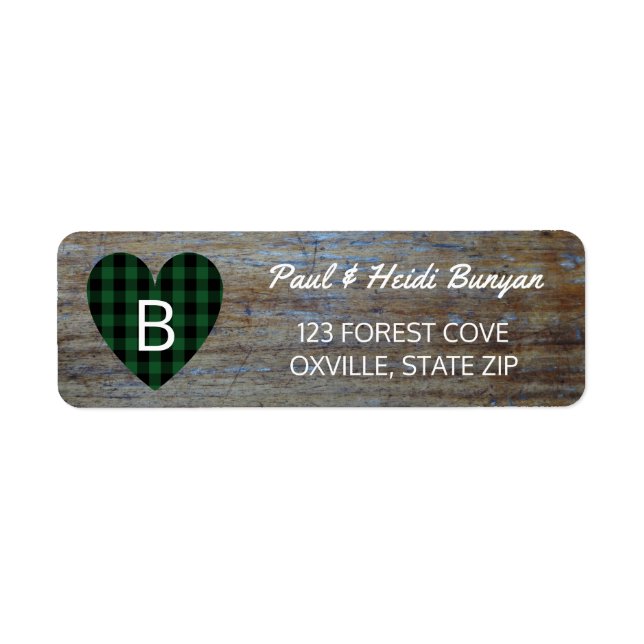 Rustic Wood Barn Wedding Label | Green Plaid Heart (Front)