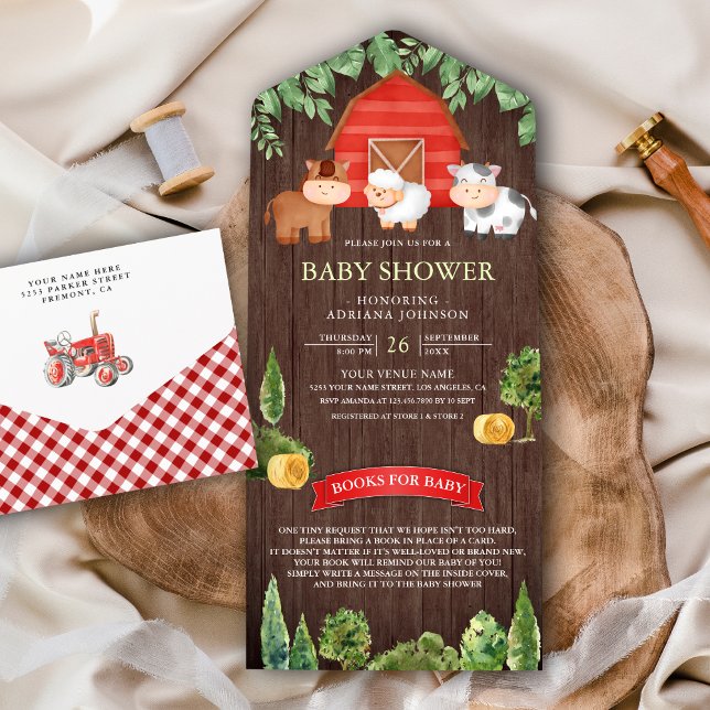 Rustic Wood Barnyard Cute Farm Animals Baby Shower All In One Invitation (Creator Uploaded)