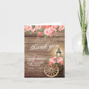 Rustic Wood Barrel and Coral Wedding Thank You Card