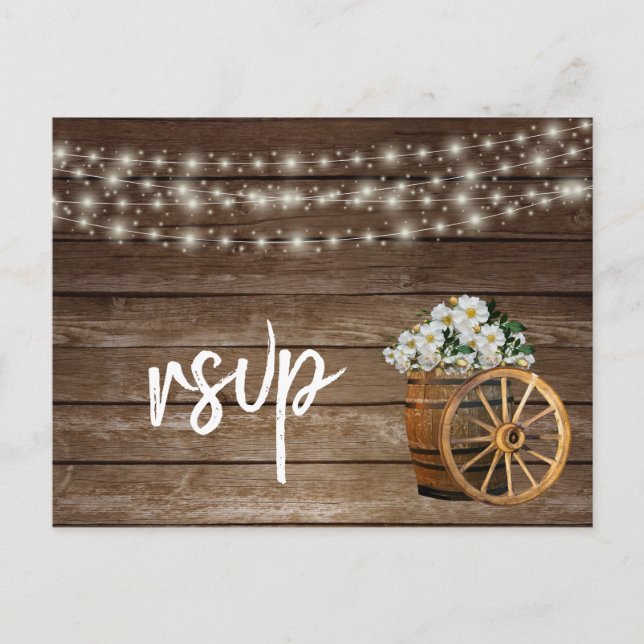 Rustic Wood Barrel and Country White Flowers Invitation Postcard (Front)