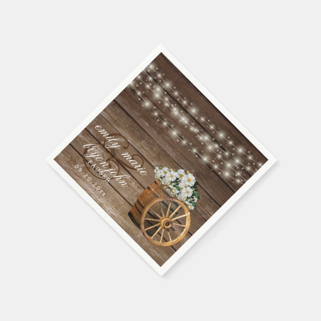Rustic Wood Barrel and Country White Flowers Napkin (Corner)