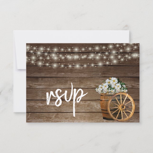 Rustic Wood Barrel and Country White Flowers- RSVP Card (Front)