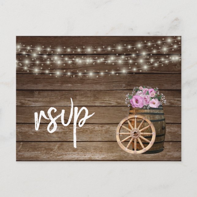 Rustic Wood Barrel and  Pink Floral - RSVP Invitation Postcard (Front)