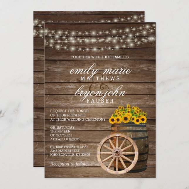 Rustic Wood Barrel and Sunflower Wedding Invitation (Front/Back)