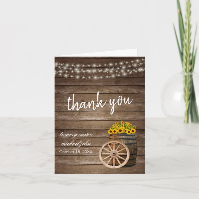 Rustic Wood Barrel and Sunflower Wedding Thank You Card (Front)