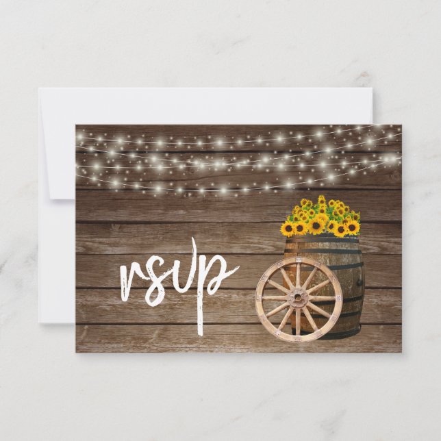 Rustic Wood Barrel and Sunflowers - RSVP Card (Front)