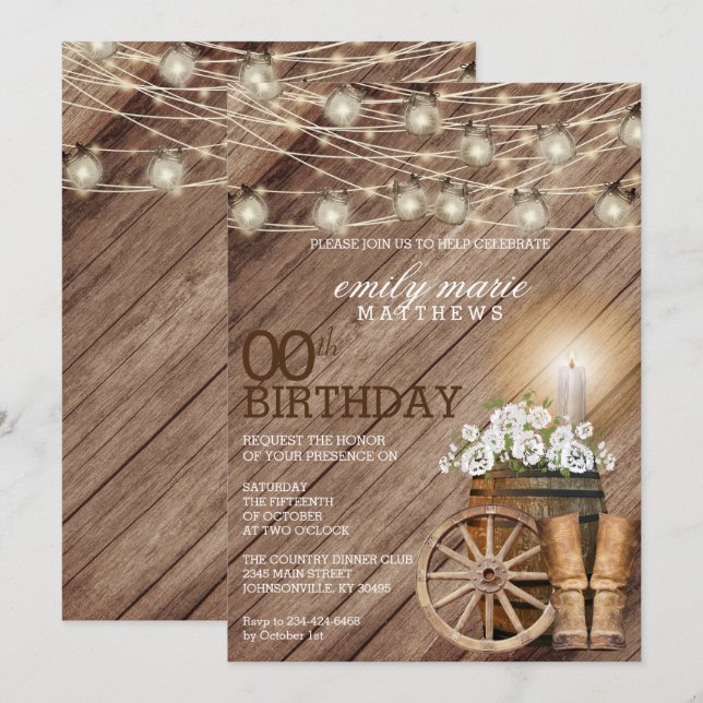 Rustic Wood Barrel and White Floral 00th Birthday Invitation (Front/Back)