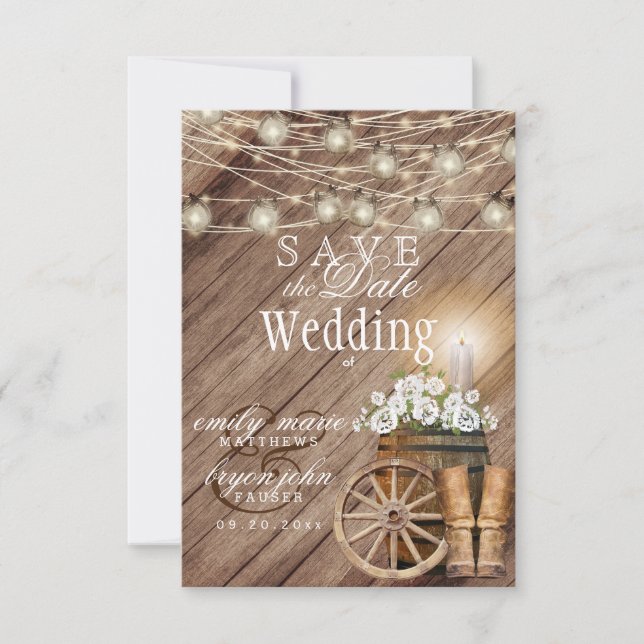 Rustic Wood Barrel and White Floral Save The Date (Front)