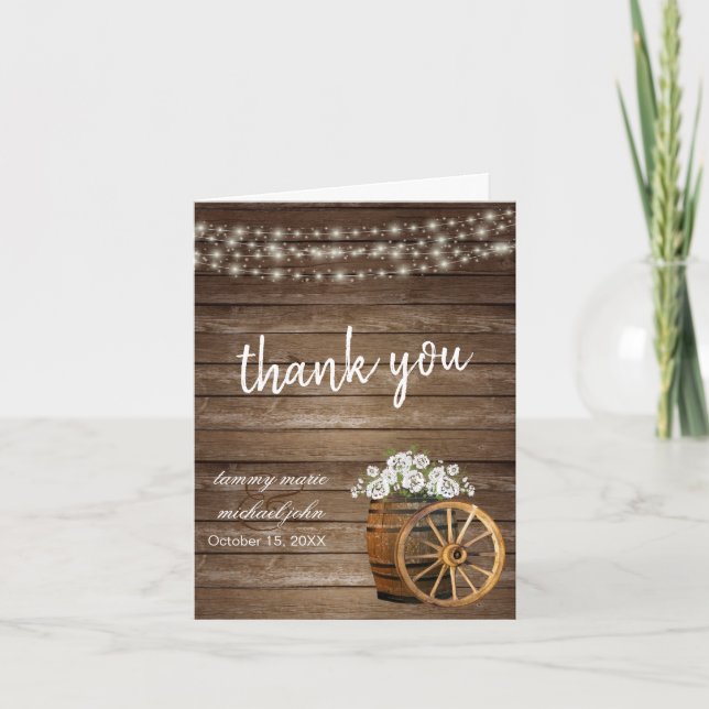 Rustic Wood Barrel and White Flower Thank You Card (Front)