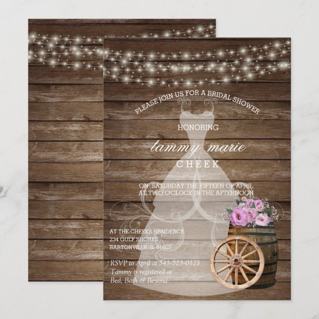 Rustic Wood Barrel Bridal Shower with Pink Floral Invitation (Front/Back)