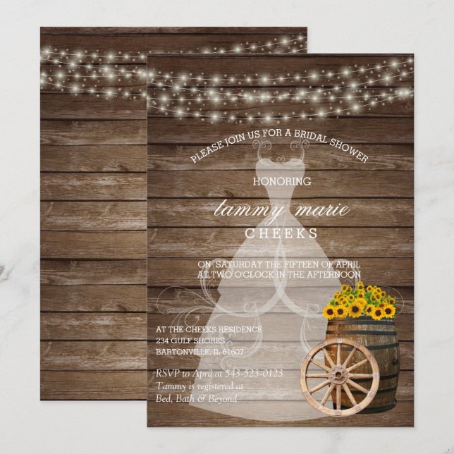 Rustic Wood Barrel Bridal Shower with Sunflowers Invitation (Front/Back)