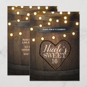 Rustic Wood Barrel Hearts & Lights Birthday Party Invitation