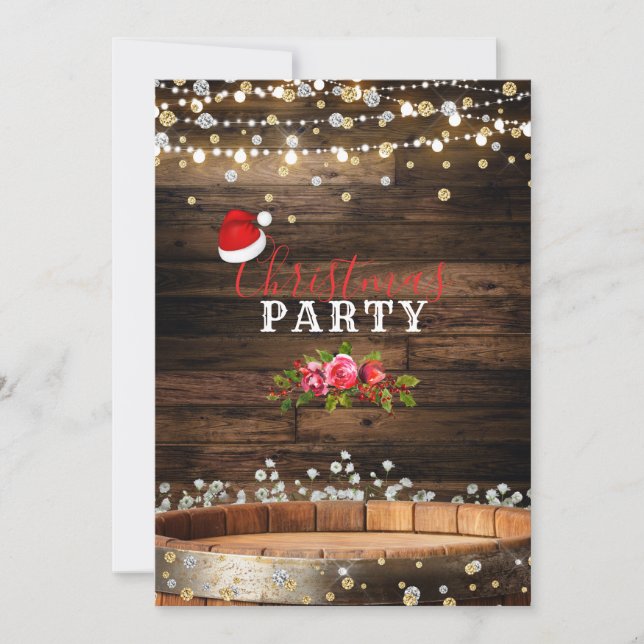 Rustic Wood Barrel & Lights Baby' Breath Christmas Invitation (Front)