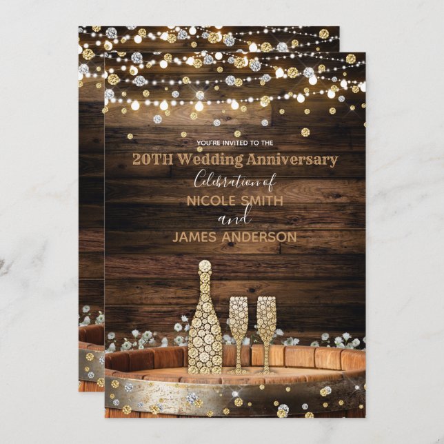 Rustic Wood Barrel & Lights Champagne Anniversary Invitation (Front/Back)