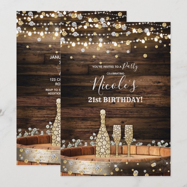 Rustic Wood Barrel Lights Champagne Birthday Party Invitation (Front/Back)