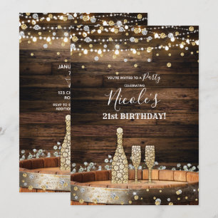Rustic Wood Barrel Lights Champagne Birthday Party Invitation