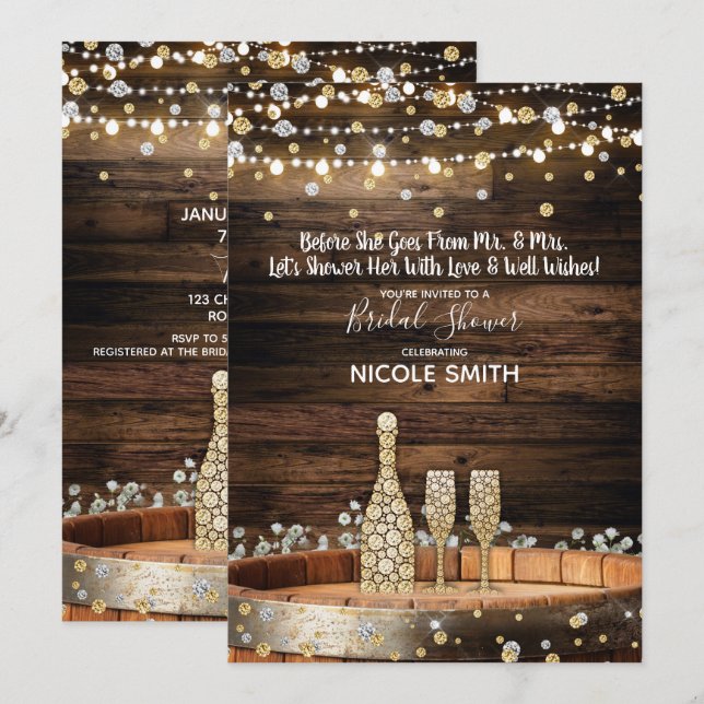 Rustic Wood Barrel Lights Champagne Bridal Shower Invitation (Front/Back)
