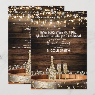 Rustic Wood Barrel Lights Champagne Bridal Shower Invitation
