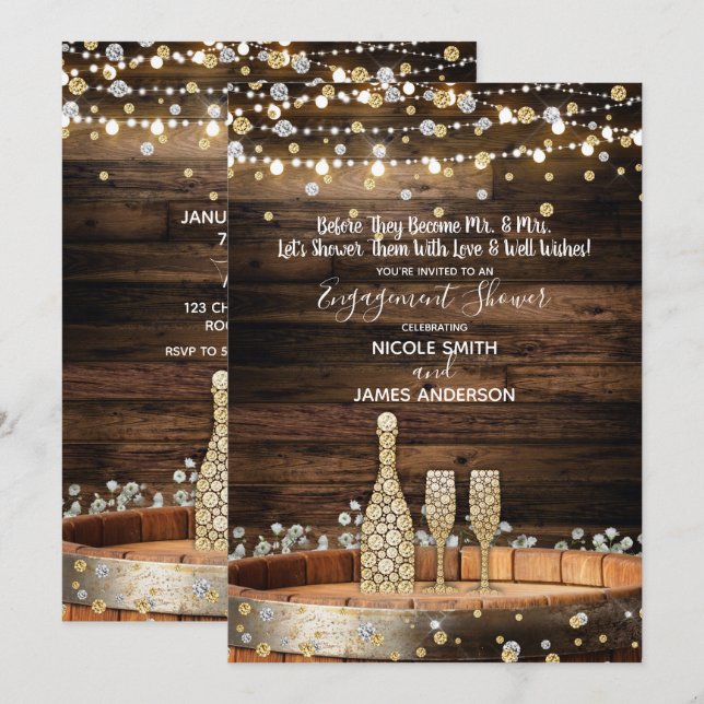 Rustic Wood Barrel & Lights Champagne Celebration Invitation (Front/Back)