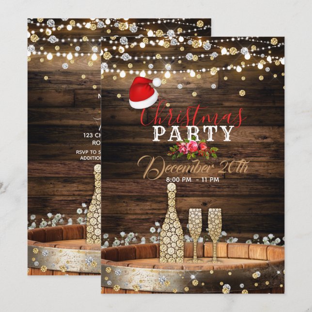 Rustic Wood Barrel Lights Champagne Christmas Invitation (Front/Back)