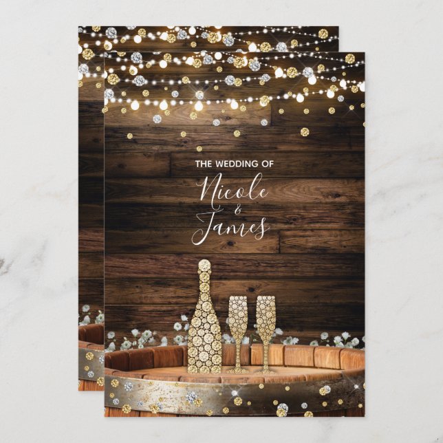 Rustic Wood Barrel Lights Champagne Modern Wedding Invitation (Front/Back)