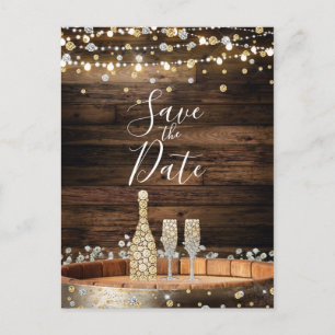 Rustic Wood Barrel Lights Champagne Save the Date Announcement Postcard