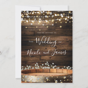 Rustic Wood Barrel & Lights Modern Glam Wedding Invitation