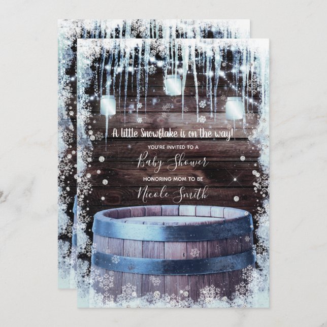 Rustic Wood Barrel & Lights Winter Baby Shower Invitation (Front/Back)