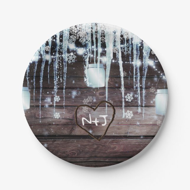 Rustic Wood Barrel & Lights Winter Barn Wedding Paper Plate (Front)