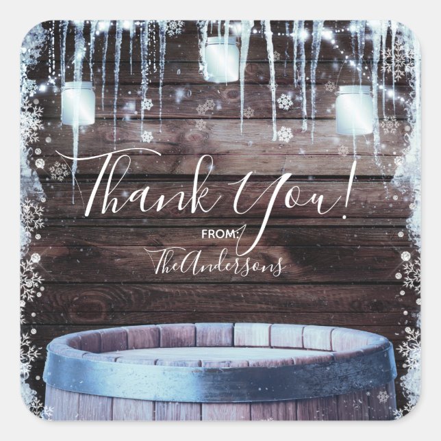 Rustic Wood Barrel & Lights Winter Party Favour Square Sticker (Front)