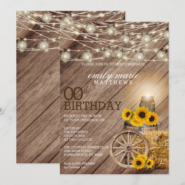 Rustic Wood Barrel & Sunflowers - 00th Birthday Invitation (Front/Back)