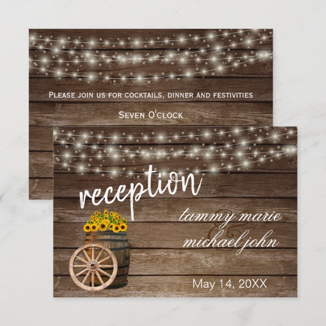 Rustic Wood Barrel Sunflowers - Reception Invitation (Front/Back)