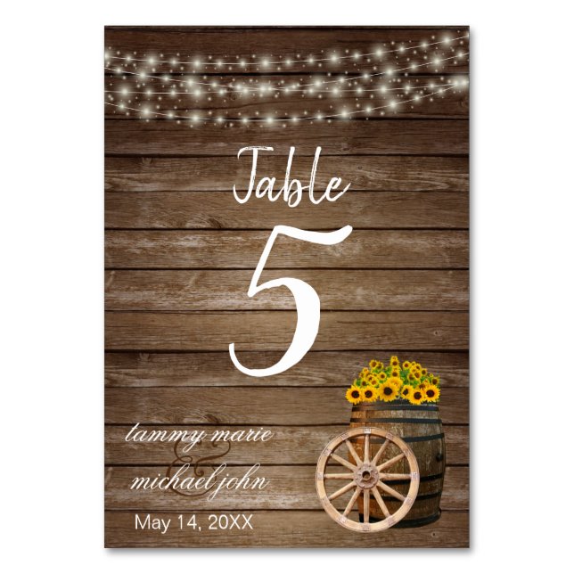 Rustic Wood Barrel, Sunflowers - Table Number (Front)