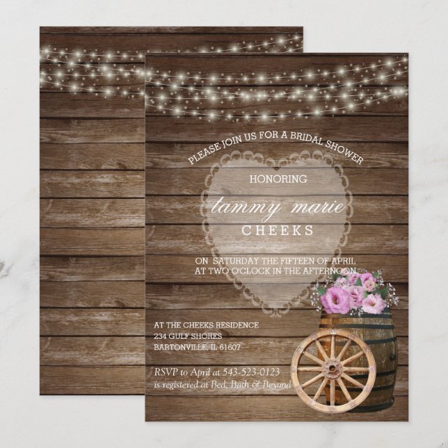 Rustic Wood Barrel Wedding and Pink Flowers Invitation (Front/Back)
