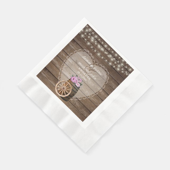 Rustic Wood Barrel Wedding and Pink Flowers Napkin (Corner)