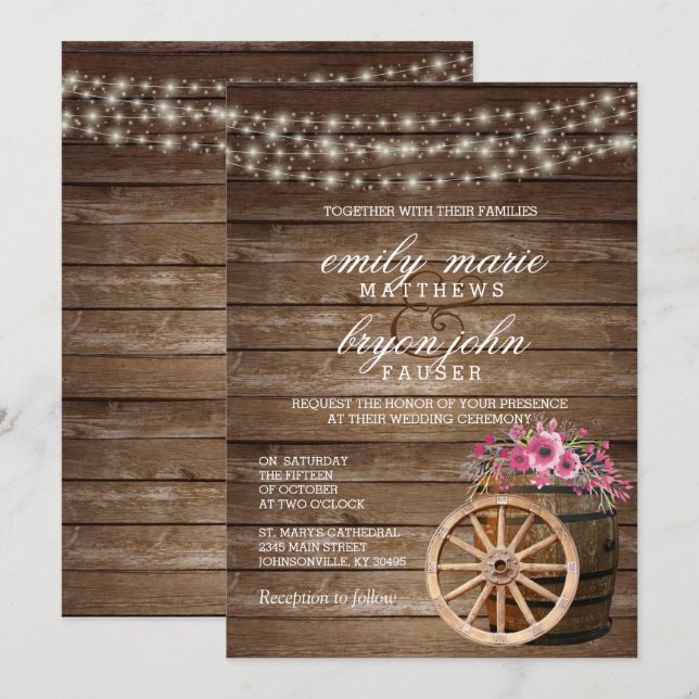 Rustic Wood Barrel Wedding with Pink Floral Invitation (Front/Back)